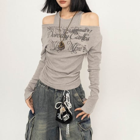 フェイクレイヤード トップス オフショルダー レイヤード風 ロンT スリムフィット 肌見せ 長袖 レトロ 大人可愛い ガーリー カジュアル DTCA-862123819468