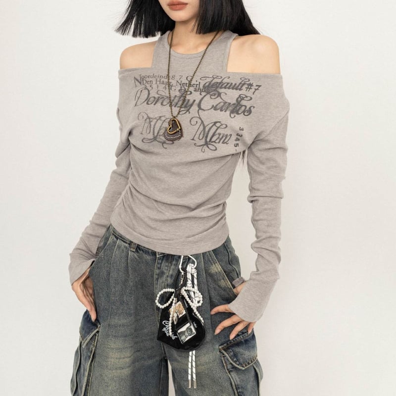 フェイクレイヤード トップス オフショルダー レイヤード風 ロン