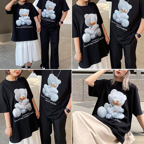 ユニセックス Tシャツ 半袖 クマちゃん親子 プリント オーバーサイズ カジュアル 韓国ファッション メンズ レディース 韓国ストリートファッション DTC-647561691124