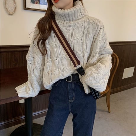 タートルネック ニット ケーブル編み プルオーバー ハイネック トップス セーター ルーズ 長袖 秋 冬 レトロ 大人可愛い ガーリー カジュアル DTCA-854780048696