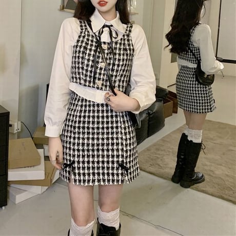 セットアップ 3点セット ボウタイ ブラウス 千鳥格子 チェック柄 ベスト スカート クロップド丈 ハイウエスト リボン レトロ 大人可愛い ガーリー フェミニン DTC-666642582085