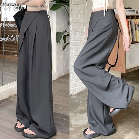 アシンメトリー モップパンツ ワイドパンツ タック ドレープ ハイウエスト ルーズ レトロ 韓国ファッション レディース 大人可愛い ガーリー DTC-778588912089