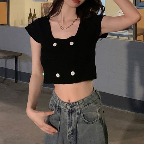 Tシャツ クロップド丈 スクエアネック ダブルボタン ショート丈 へそ出し カットソー トップス 半袖 レトロ 韓国ファッション レディース 大人可愛い ガーリー DTC-679611394353