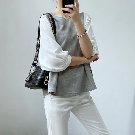 ドッキングブラウス 5分袖 トップス バルーン袖 チェック柄 無地 フェイクレイヤード Tシャツ レトロ 韓国ファッション レディース 大人可愛い ガーリー DTC-708136202207