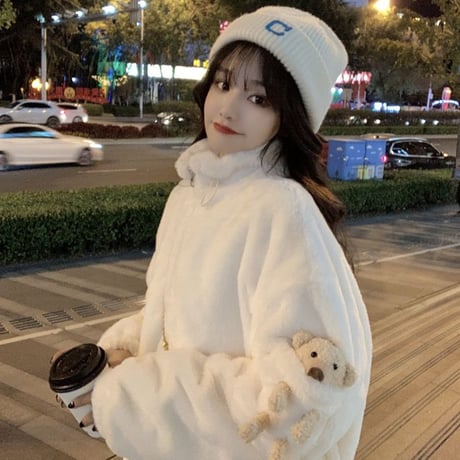 クマのぬいぐるみ付き ボアジャケット ボアブルゾン ゆったり アウター レトロ 韓国ファッション レディース 大人可愛い ガーリー フェミニン カジュアル DTC-657634169827
