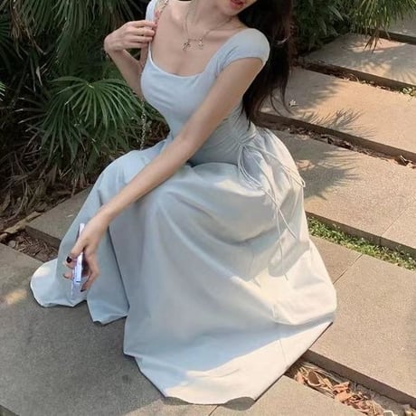 ワンピース サイドリボン フレア プリーツ Aライン ハイウエスト ノースリーブ ロングワンピース スリム レトロ 大人可愛い ガーリー DTCA-709334685571