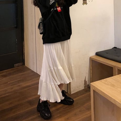 不規則デザイン プリーツスカート ミディアム丈 アシンメトリー 韓国ファッション レディース Aラインスカート アシメ ハイウエスト 大人可愛い ガーリー DTC-604528143206