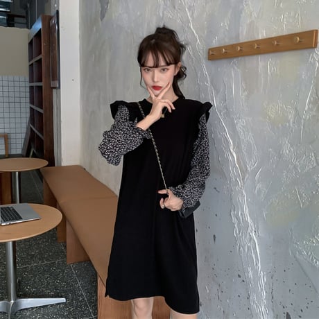 ドッキングワンピース フェイクレイヤード ロング丈 花柄袖 韓国ファッション レディース ニットワンピース ハイウエスト 大人可愛い ガーリー DTC-628769274586