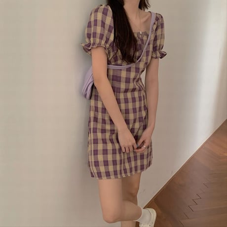 2way ワンピース スクエアネック オフショルダー 韓国ファッション レディース バブルスリーブ ハイウエスト Aライン ミニ丈 シンプル ガーリー DTC-616045068671