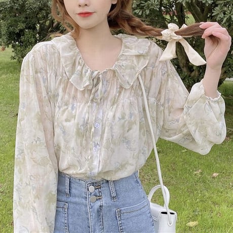花柄ブラウス パフ袖 シフォン 透け感 長袖 韓国ファッション レディース 大人可愛い ガーリー フェミニン DTC-640922225325