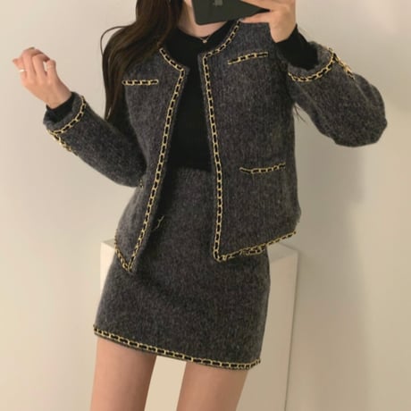 セットアップ ツイード ジャケット ショートコート ＋ ミニスカート 韓国ファッション レディース 2点セット ハイウエスト 大人可愛い ガーリー DTC-630050657364