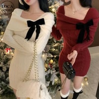 ニットワンピース リボン ミニワンピース スクエアネック ケーブルニット スリムフィット スリムニット 長袖 レトロ 大人可愛い ガーリー DTCA-870530424287