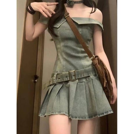 デニムワンピース ノースリーブ オフショルダー Aライン デニム ミニワンピース レトロ 大人可愛い ガーリー Y2Kファッション DTCA-803483945595
