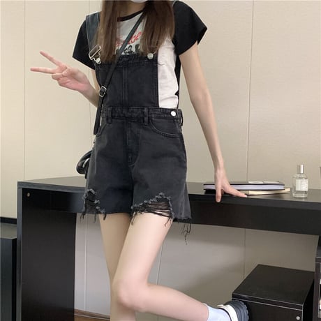 デニム サロペット オーバオール ダメージ加工 ヴィンテージ風 ショート丈 薄手 レトロ 韓国ファッション レディース 大人可愛い ガーリー カジュアル DTC-678842513408