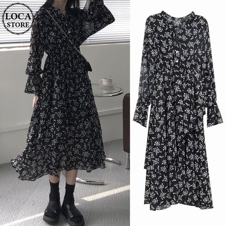 花柄 ワンピース Vネック フリル パフスリーブ 長袖 ロング丈 ハイウエスト 薄手 伸縮性ウエスト 韓国ファッション レディース 大人可愛い ガーリー レトロ DTC-624630025962