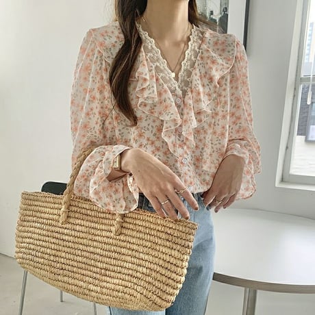 花柄 ブラウス レース フリル Vネック シフォン シャツ トップス ゆったり ルーズ 長袖 レトロ 大人可愛い ガーリー フェミニン DTCA-945596197065