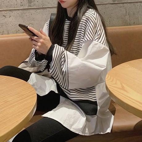 ドッキングトップス フェイクレイヤード ボーダー柄 ニット ブラウス 重ね着風 切替 長袖 レトロ 韓国ファッション レディース 大人可愛い ガーリー DTC-680518160120