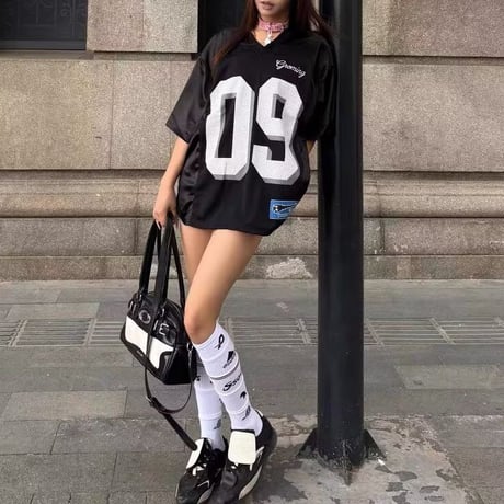 ユニフォーム風 tシャツ ナンバリング メッシュ オーバーサイズ トップス クルーネック ゆったり 半袖 レトロ 大人可愛い ガーリー カジュアル DTCA-938589496378