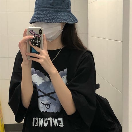 Tシャツ 半袖 ラウンドネック プリント ドロップショルダー 大きめ オーバーサイズ 韓国ファッション レディース カジュアル ストリートファッション DTC-644950773167