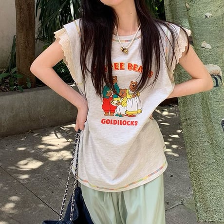Tシャツ フライングスリーブ レース トップス ノースリーブ オーバーサイズ レトロ 韓国ファッション レディース 大人可愛い ガーリー カジュアル DTC-768900343552