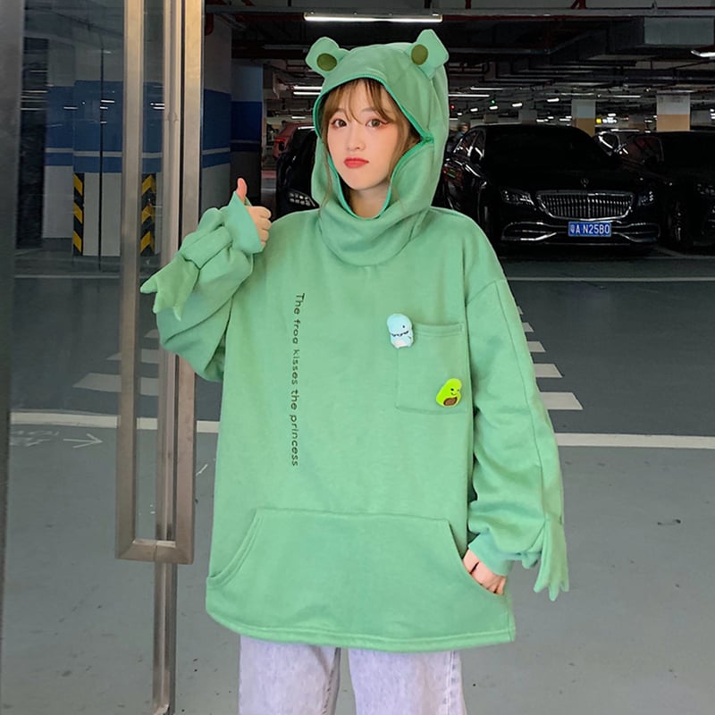 韓国 メンズ かえる フード パーカー オーバーサイズ グリーン（楽天  