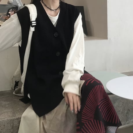 ニットベスト フロントボタン サイドスリット ルーズ 韓国ファッション レディース ベスト ゆったり 大きめ カジュアル 大人可愛い ガーリー DTC-654797621357