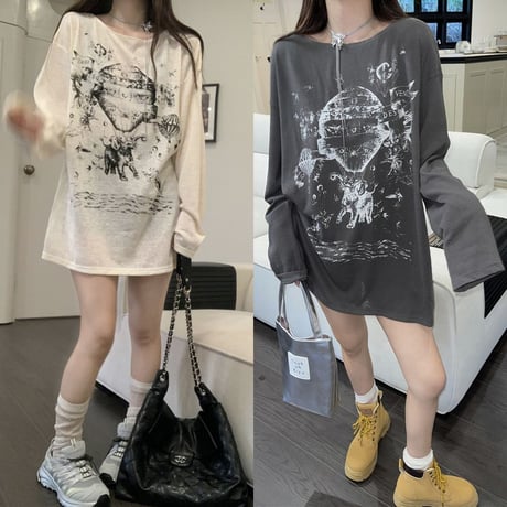 tシャツ 長袖 オーバーサイズ ドロップショルダー ロンt クルーネック トップス ルーズ レトロ 韓国ファッション レディース 大人可愛い ガーリー DTC-735331608484