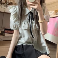ストライプ柄 ブラウス ヨークフリル シャツ リボン パフスリーブ トップス かわいい 半袖 ルーズ レトロ 大人可愛い ガーリー フェミニン DTCA-898551864662