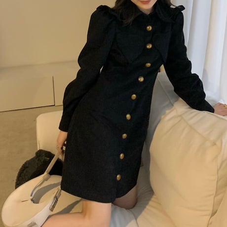 シャツワンピース フリル ハート ハイウエスト ポロカラー ワンピース aライン 長袖 レトロ 韓国ファッション レディース 大人可愛い ガーリー フェミニン DTC-666262271066