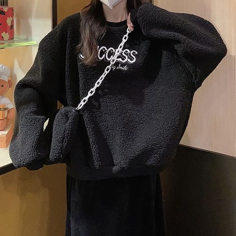 ミニポーチ付き ボアトレーナー ロゴ もこもこ トレーナー ボア 暖かい 長袖 ゆったり レトロ 韓国ファッション レディース 大人可愛い ガーリー カジュアル DTC-657350232511