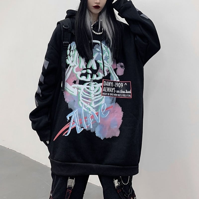 ユニセックス パーカー バックプリント M-5XL 3色 韓国 d184 ユニセックス パーカー スケルトン 袖プリント バックプリント
