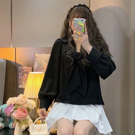 ブラウス ビックリボン フラワーリボン リボンタイ ルーズ 長袖 レトロ 韓国ファッション レディース 大人可愛い ガーリー フェミニン DTC-664148725873