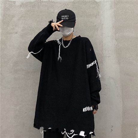 ユニセックス ダメージ加工 ニット ドロップショルダー セーター オーバーサイズ 韓国ファッション メンズ レディース ビター系 ストリート系ファッション DTC-630242686847