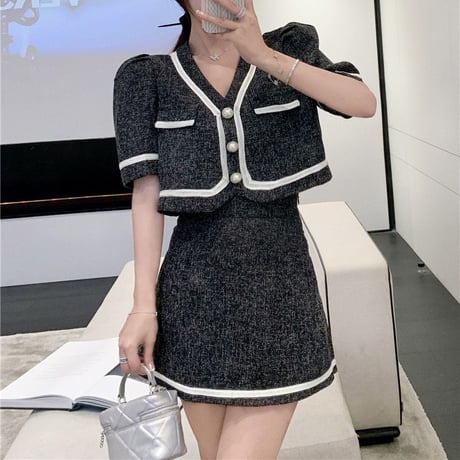 セットアップ ジャケット ＋ スカート 半袖 クロップド丈 韓国ファッション レディース 2点セット ミニスカート ハイウエスト 大人可愛い ガーリー DTC-646462258426