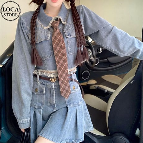 セットアップ デニム デニムジャケット プリーツスカート 長袖 クロップド丈 ベルト ネクタイ クラッシュ加工 韓国ファッション レディース 大人可愛い ガーリー DTC-681912441007