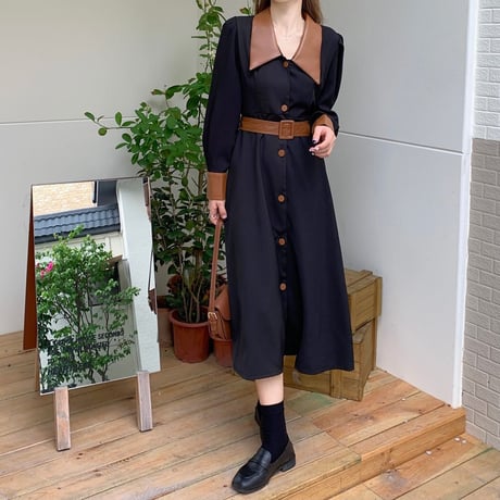 シャツワンピース ウエストマーク ロング丈 薄手 パフ袖 シングルブレスト ハイウエスト 長袖 レトロ 韓国ファッション レディース 大人可愛い ガーリー DTC-655449630295