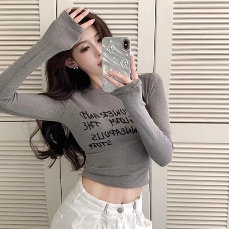 肩パッド付き ロンT スリムフィット ベルベット レタープリント トップス tシャツ ショート丈 長袖 レトロ 韓国ファッション レディース 大人可愛い ガーリー DTCA-845799906745