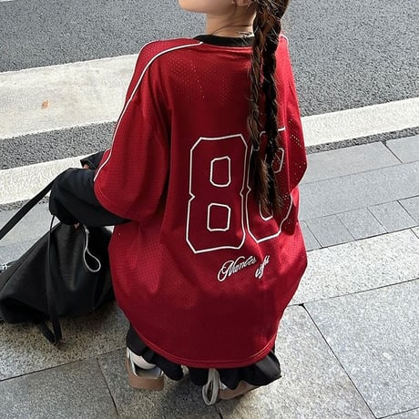 フェイクレイヤード Tシャツ 重ね着 ナンバー ロンT オーバーサイズ トップス 長袖 レトロ 韓国ファッション レディース 大人可愛い ガーリー スポーツミックス DTC-818770841972