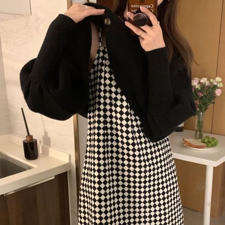 セットアップ クロップド丈 ニットカーディガン ブロックチェック柄 スリングワンピース キャミワンピース レトロ 韓国ファッション レディース 大人可愛い ガーリー DTC-664535796023