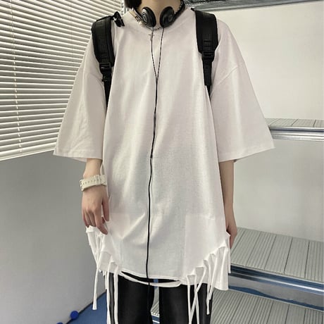ユニセックス tシャツ フェイクレイヤード フリンジ 半袖 無地 オーバーサイズ メンズ レディース 大きめ カジュアル ストリート ファッション DTC-639677393958