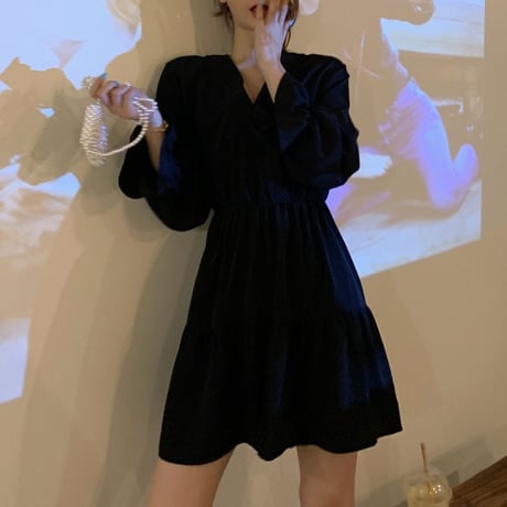 ティアードワンピース Vネック ショート丈 ハイウエスト 長袖 韓国ファッション レディース ミニワンピース 大人可愛い ガーリー フェミニン DTC-652647299876