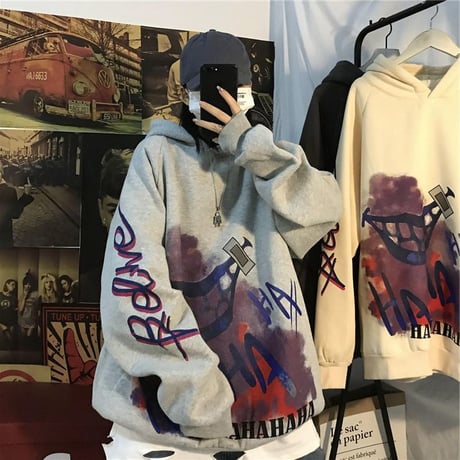 ユニセックス パーカー プルオーバー 裏起毛 韓国ファッション メンズ レディース 落書き ペイント プリント オーバーサイズ ストリート (DTC-607518859009)