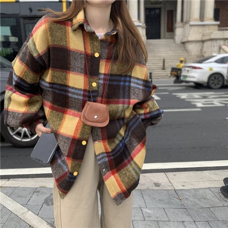 チェック柄 シャツ 長袖 厚手 暖かい アウター チェックシャツ ジャケット ゆったり レトロ 韓国ファッション レディース 大人可愛い ガーリー カジュアル DTC-658148041523