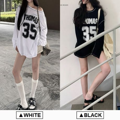 Tシャツ 長袖 ナンバリング レタープリント ロンT ワンショルダー オーバーサイズ トップス ルーズ レトロ 韓国ファッション レディース 大人可愛い ガーリー DTCA-861844447756