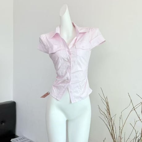 ブラウス シャツ クロップド丈 ショート丈 チェック柄 無地 スリムフィット 半袖 レトロ 大人可愛い ガーリー カジュアル DTCA-915248789814