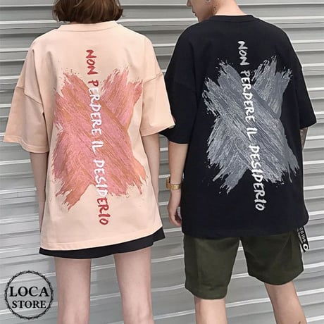 【2カラー】ユニセックス メンズ/レディース ペア バックプリント Tシャツ 半袖 ロゴ 幾何学 ストリート 韓国ファッション (DCT-587625988601)