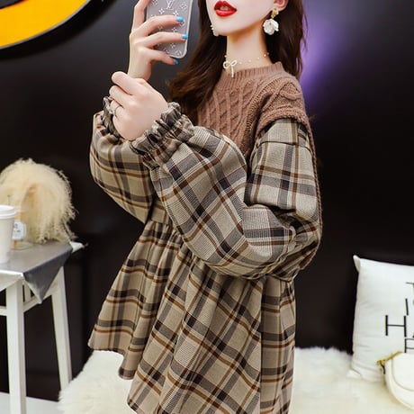 ドッキングトップス ケーブル編み ニット ＋ チェック チュニック ブラウス 韓国ファッション レディース フェイクレイヤード 大人カジュアル ガーリー DTC-625594971753