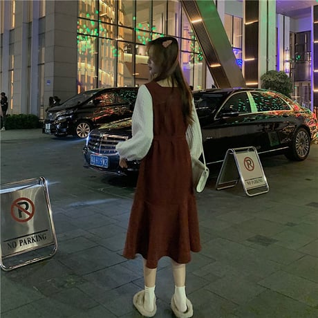 フェイクレイヤード ジャンパースカート 韓国ファッション レディース ハイウエスト パフ袖 ロングスカート 重ね着風 長袖 DTC-609838966122