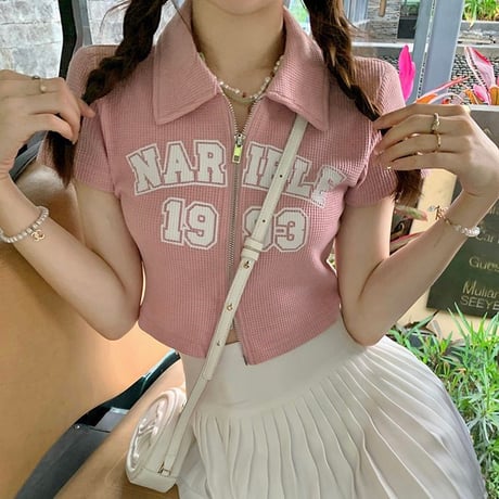 ダブルジップ ワッフル トップス 襟付き Tシャツ クロップド丈 ショート丈 レタープリント 半袖 シンプル ルーズ レトロ 大人可愛い ガーリー カジュアル DTCA-711769972021