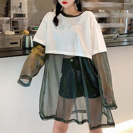 レディース Tシャツ ドッキング シースルー 無地 ラウンドネック トップス ガーリー フェミニン 韓国ファッション (DCT-598080019695)